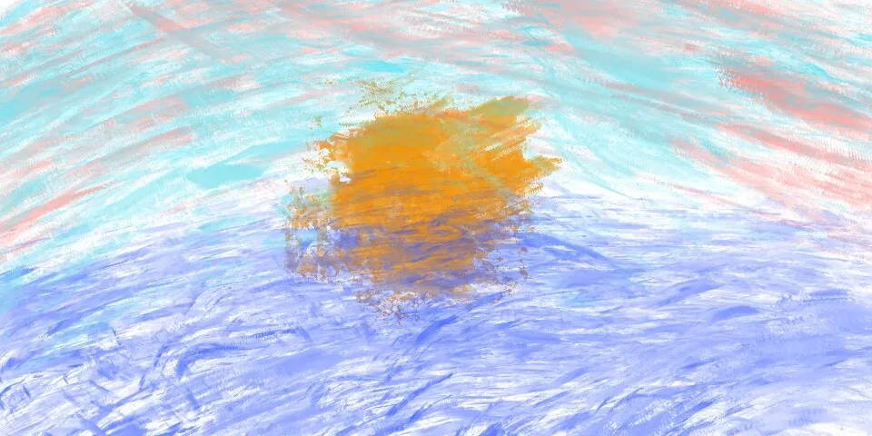 Orange brushstroke sun over blue painted water with cyan and pink sky
