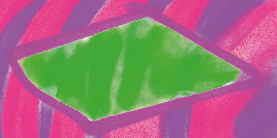 Green diamond shape centered on a hot pink and purple crayon texture background