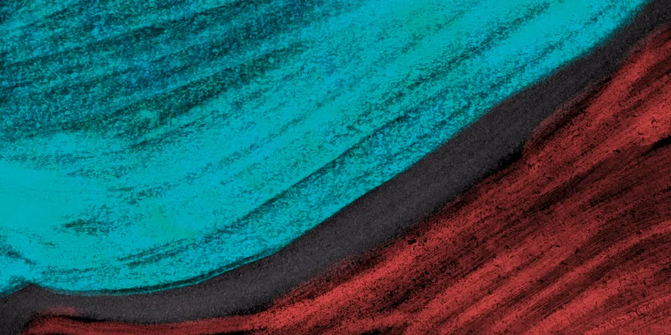 Abstract crayon art with teal and crimson diagonal sweeps divided by a dark band, representing the contrast between silence and speech in Maun Sadhana meditation