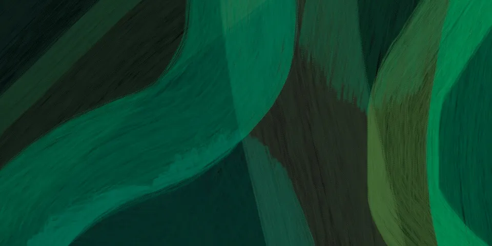 Deep green flowing wave abstract painting with dark teal and emerald curved bands, evoking the ancient spice trade routes of cumin and jeera cultivation