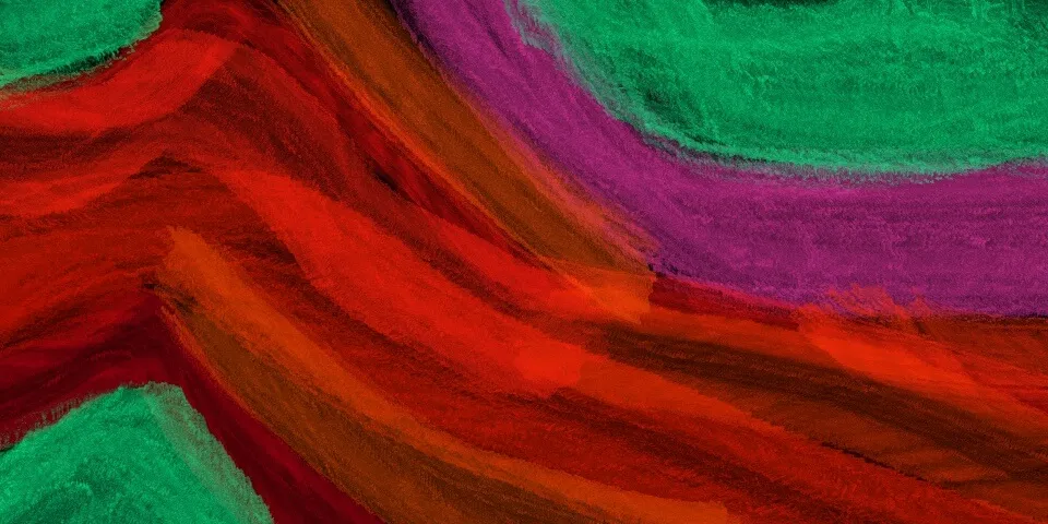 Bold red and dark crimson sweeping wave brushstrokes with bright green and magenta patches, abstract painting representing the many layers of website strategy and product planning