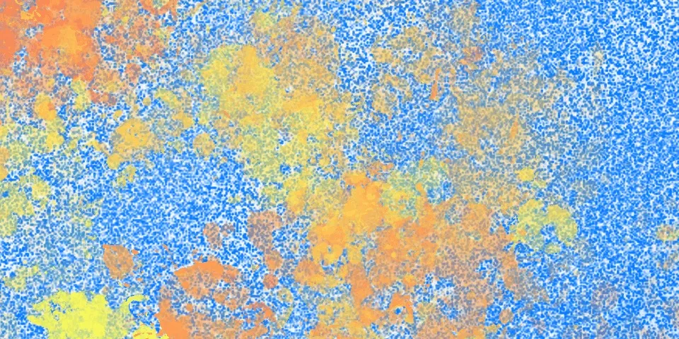Blue speckled texture with scattered orange and yellow patches, abstract digital art evoking the prolific and wide-ranging output of independent tech journalism