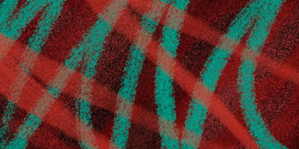 Dark crimson and teal crosshatch crayon texture with curved bands, abstract art representing the tangled ethics of AI digital replicas and digital necromancy