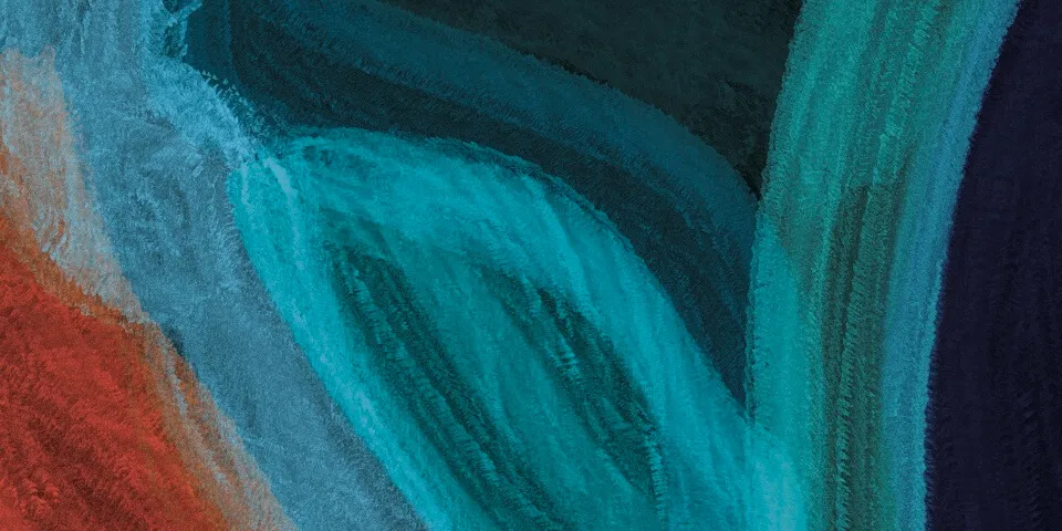 Teal and cyan curved sweeping crayon brushstrokes with rust orange on the left and deep navy on the right, abstract painting evoking the layered teachings of Kriya Yoga texts and cross-cultural bridges between Dharmic and Abrahamic traditions