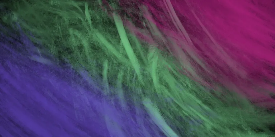 Dark purple lower left and forest green center with vivid magenta upper right and neon green streaks, abstract painting representing the gap-filling nature of unfalsifiable metaphysical frameworks woven from Karma and quantum uncertainty