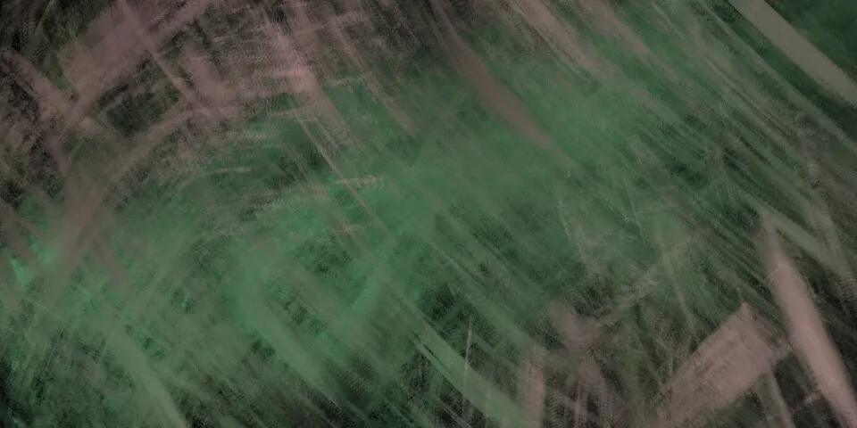 Dark forest green crosshatch texture with pale mauve and pink diagonal brushstrokes, abstract painting evoking the behind-the-scenes labor and unspoken hierarchies of organized religious events