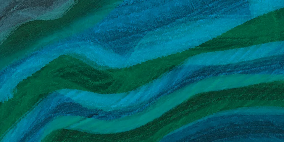 Alternating horizontal bands of forest green and cerulean blue with grey at the top, abstract crayon painting evoking the careful social protocols and quiet backstage work of organizing religious ceremonies