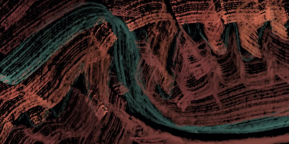 Rust red and teal curved scribbles over a black crosshatched background