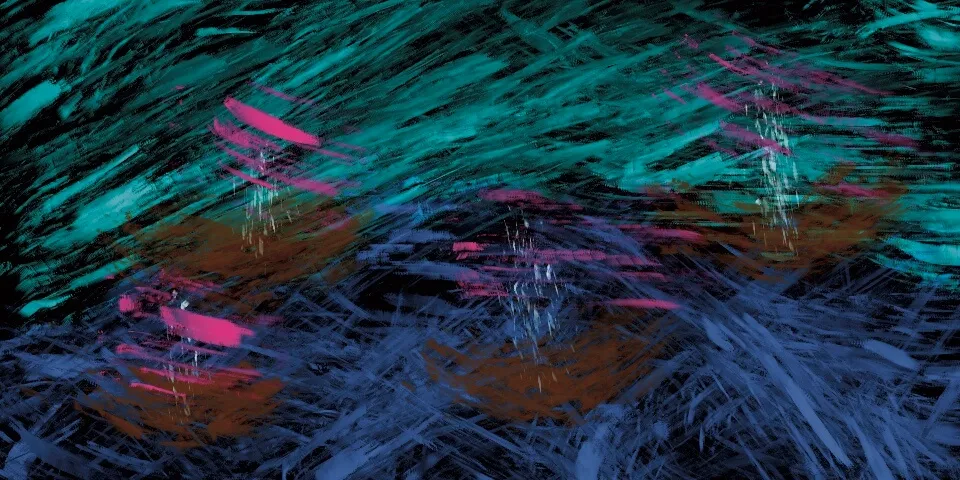 Teal, blue, magenta, and rust crayon streaks over a dark background