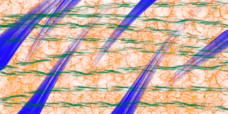 Abstract multicolor art with diagonal blue streaks over orange and green fibrous texture