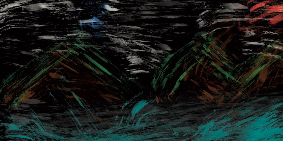 Black crosshatched texture with small teal, green, red, and blue strokes