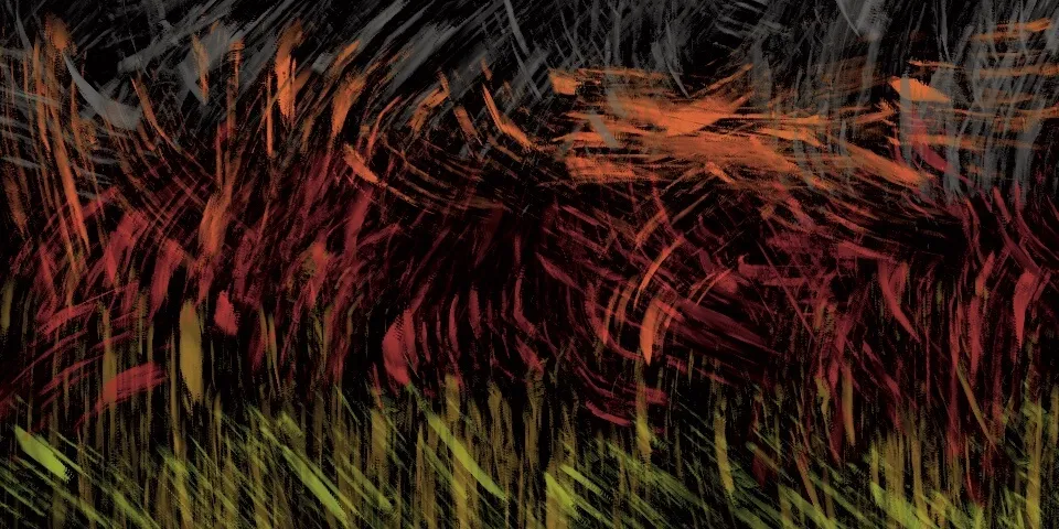 Red and orange scratchy brushstrokes over black with olive green strokes along the bottom