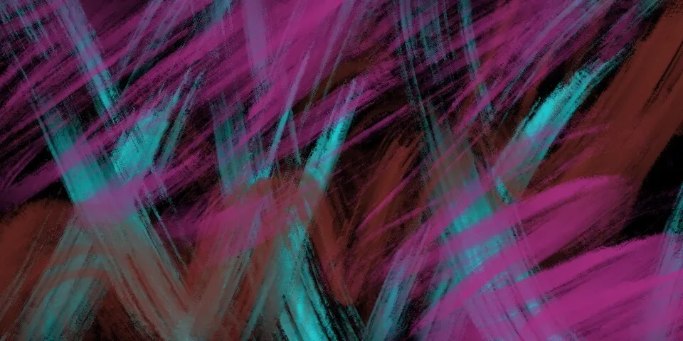 Bright magenta, cyan, and dark brown diagonal brushstrokes on a black background