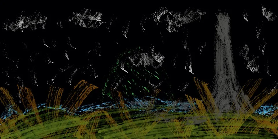 Dark landscape drawing with green, brown, and blue crayon strokes below a black sky with white scribble marks