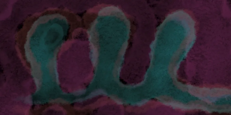 Dark teal, blob-like winding fractal shape over a dark maroon grainy gradient