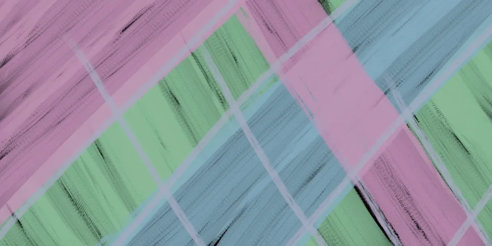 Diagonal pale green, pink, and blue broad brushstrokes crisscrossed by thinner light lines