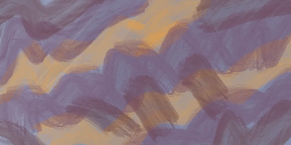 Thick, wavy diagonal brushstrokes in purple, gray, and gold