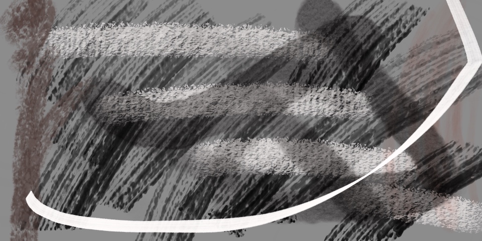 Charcoal sketch abstract with gray brushstrokes and white curved arc