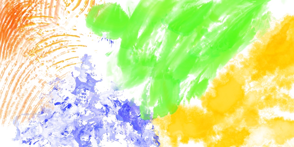 Watercolor abstract in saffron orange, green, and blue on white
