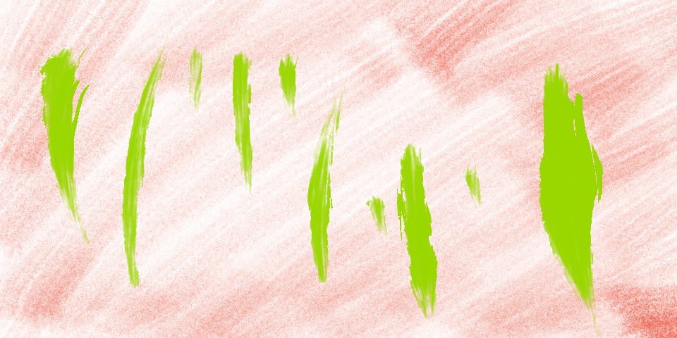 Pink and red crayon texture with bright green vertical brushstrokes