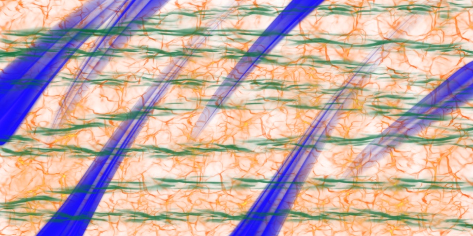 Abstract multicolor art with diagonal blue streaks over orange and green fibrous texture